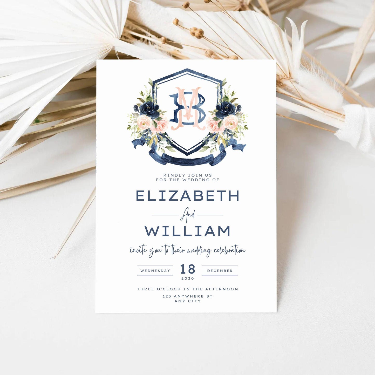 Blush Pink & Navy Floral Watercolor Wedding Crest - Monogram Crest - Navy Floral Luxury Watercolor Wedding Crest - Romantic Wedding Crest