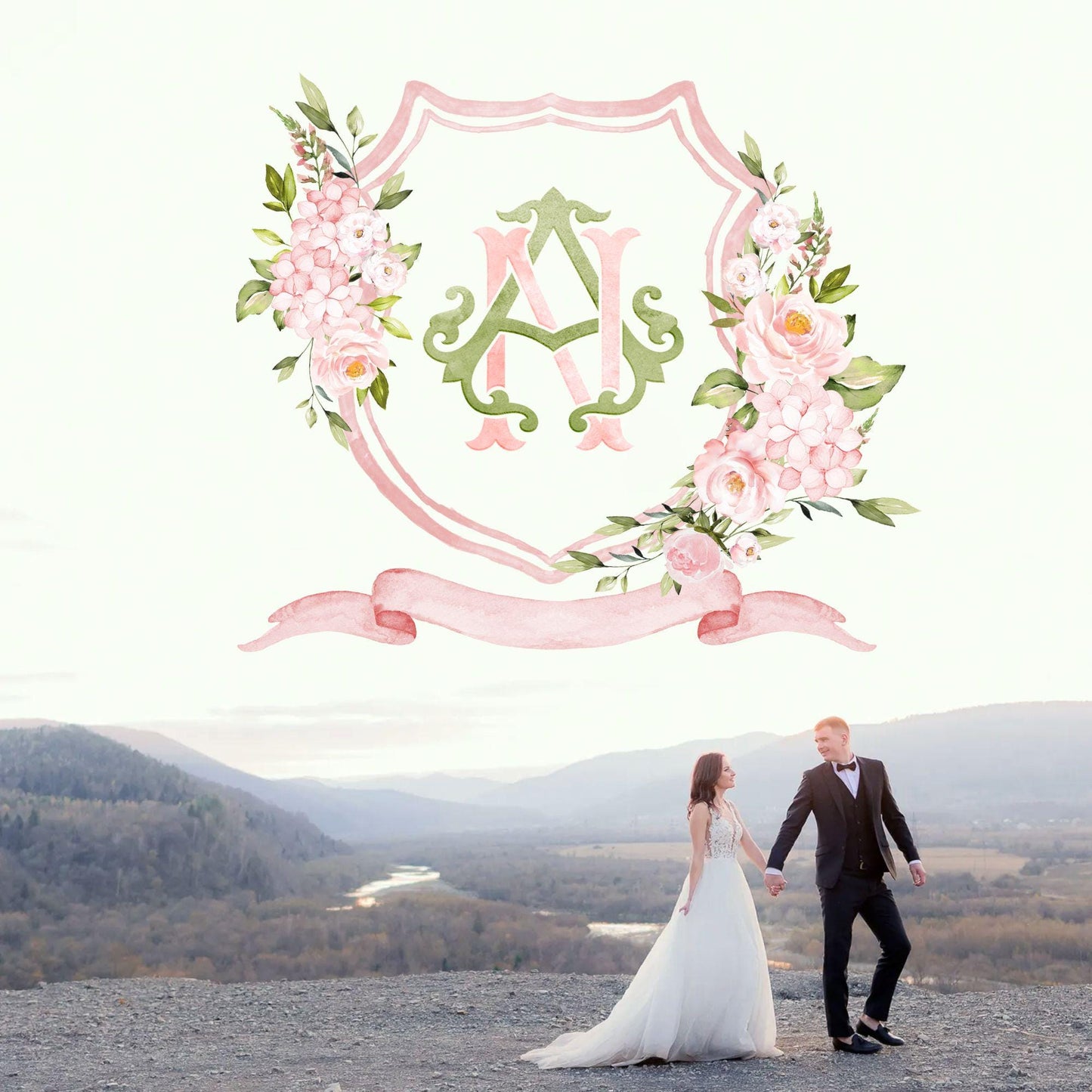 Pink Hydrangea Blush Pink Rose Flower Wedding Crest - Monogram Crest - Hydrangea Floral Luxury Watercolor Wedding Crest