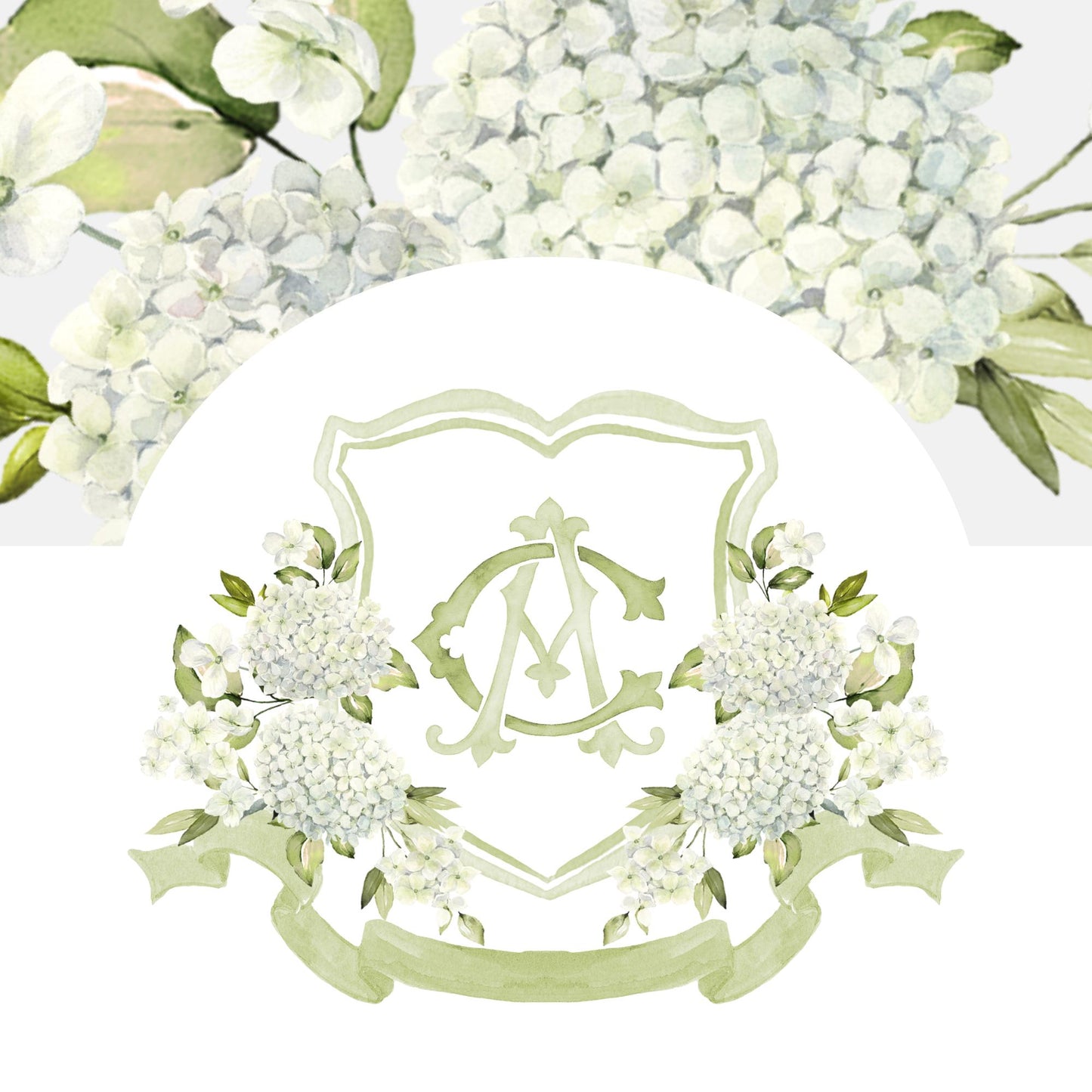 White Hydrangea Flower Wedding Crest - Monogram Crest - Hydrangea Floral Luxury Watercolor Wedding Crest - Romantic Wedding Crest