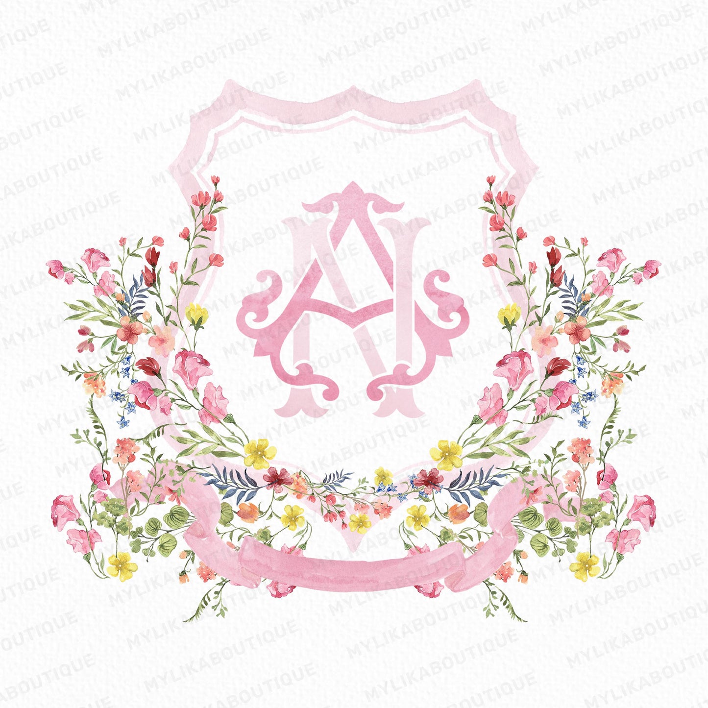 Wildflower Pink Flower Wedding Crest - Monogram Crest - Floral Luxury Watercolor Wedding Crest - Romantic Wedding Crest