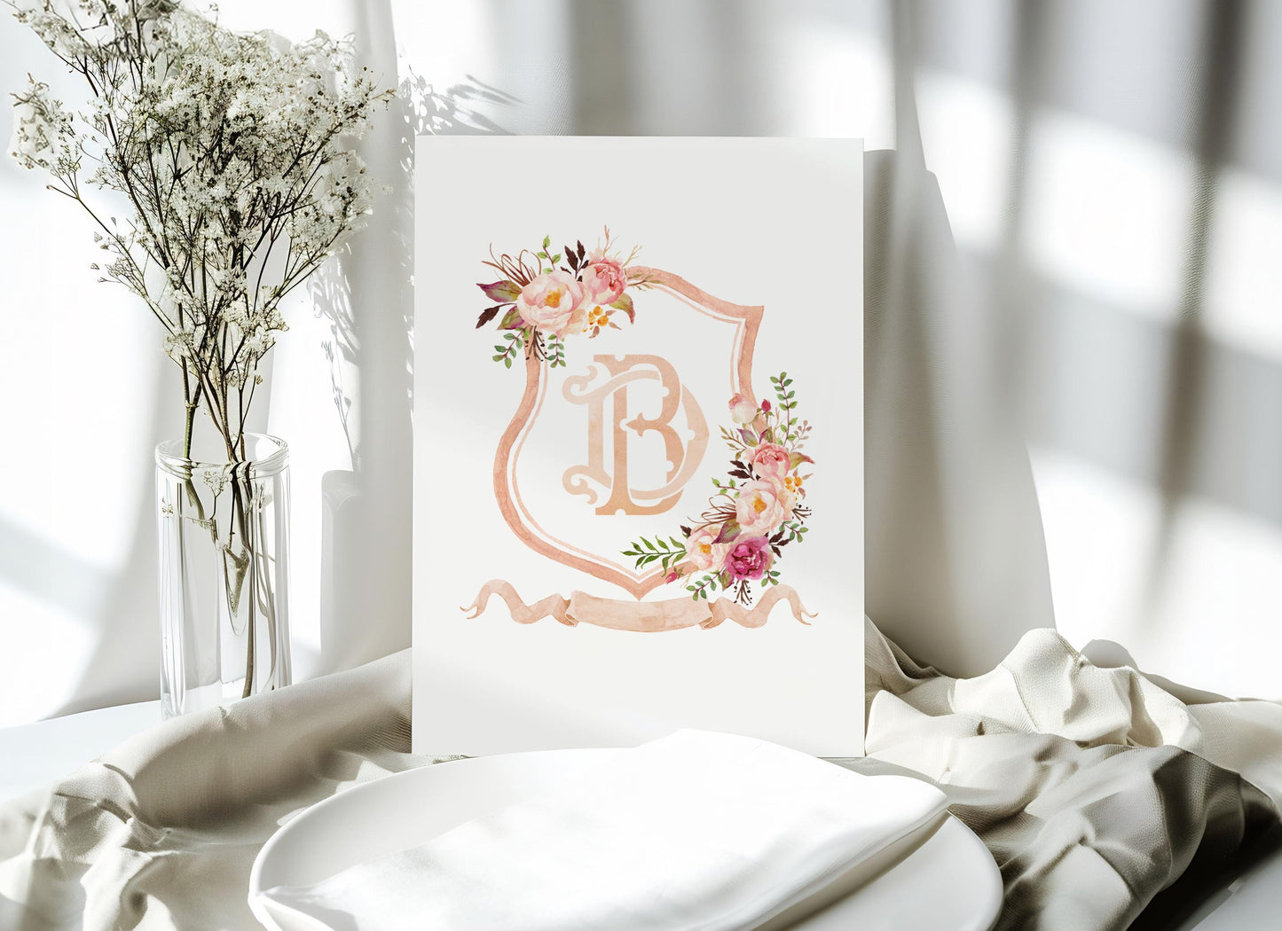 Boho Pink Floral Wedding Crest - Monogram Crest - Pink Floral Luxury Watercolor Wedding Crest - Romantic Wedding Crest - Boho Roses