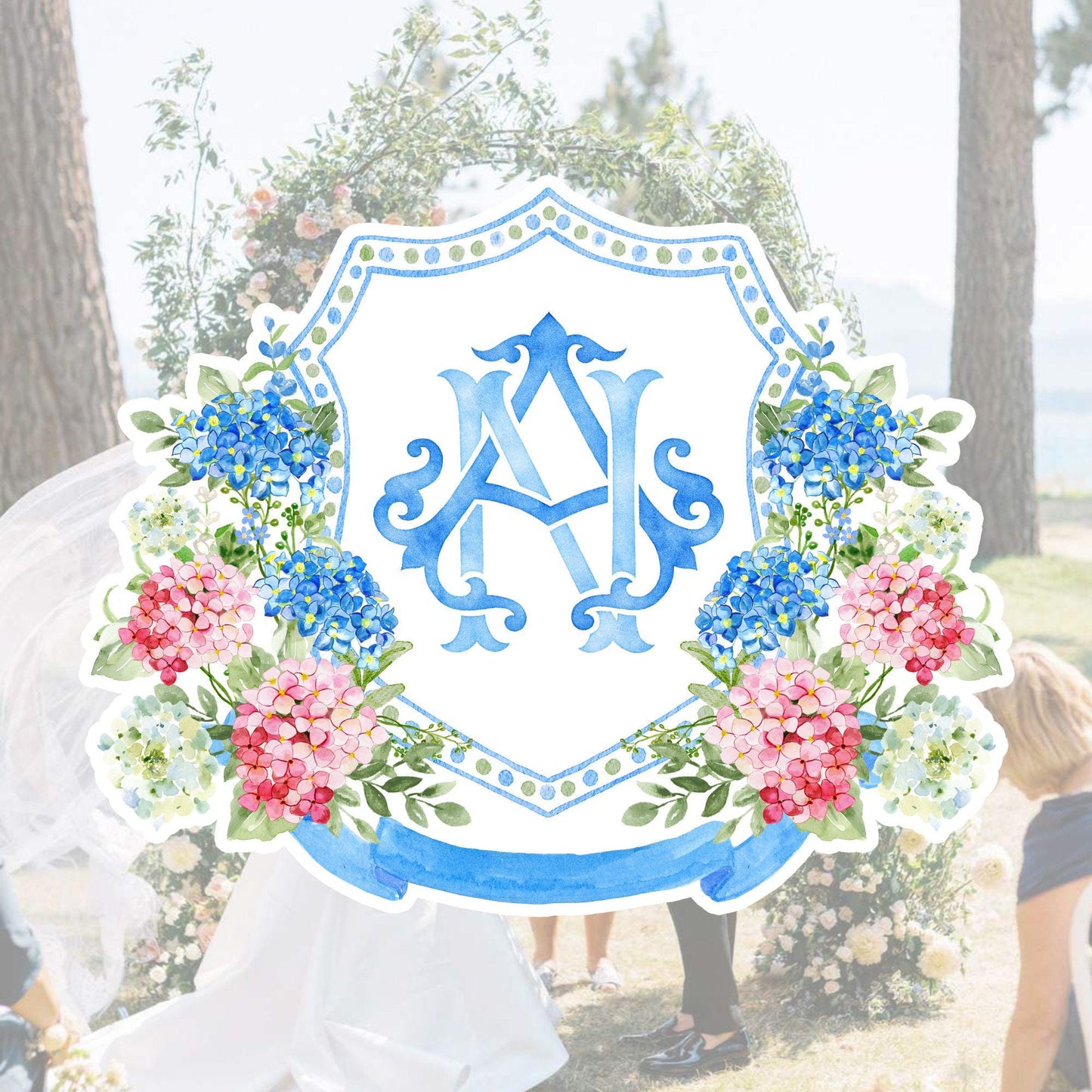 Watercolor Blue Pink Hydrangea Wedding Crest – Hydrangea Floral Monogram (Digital Download)