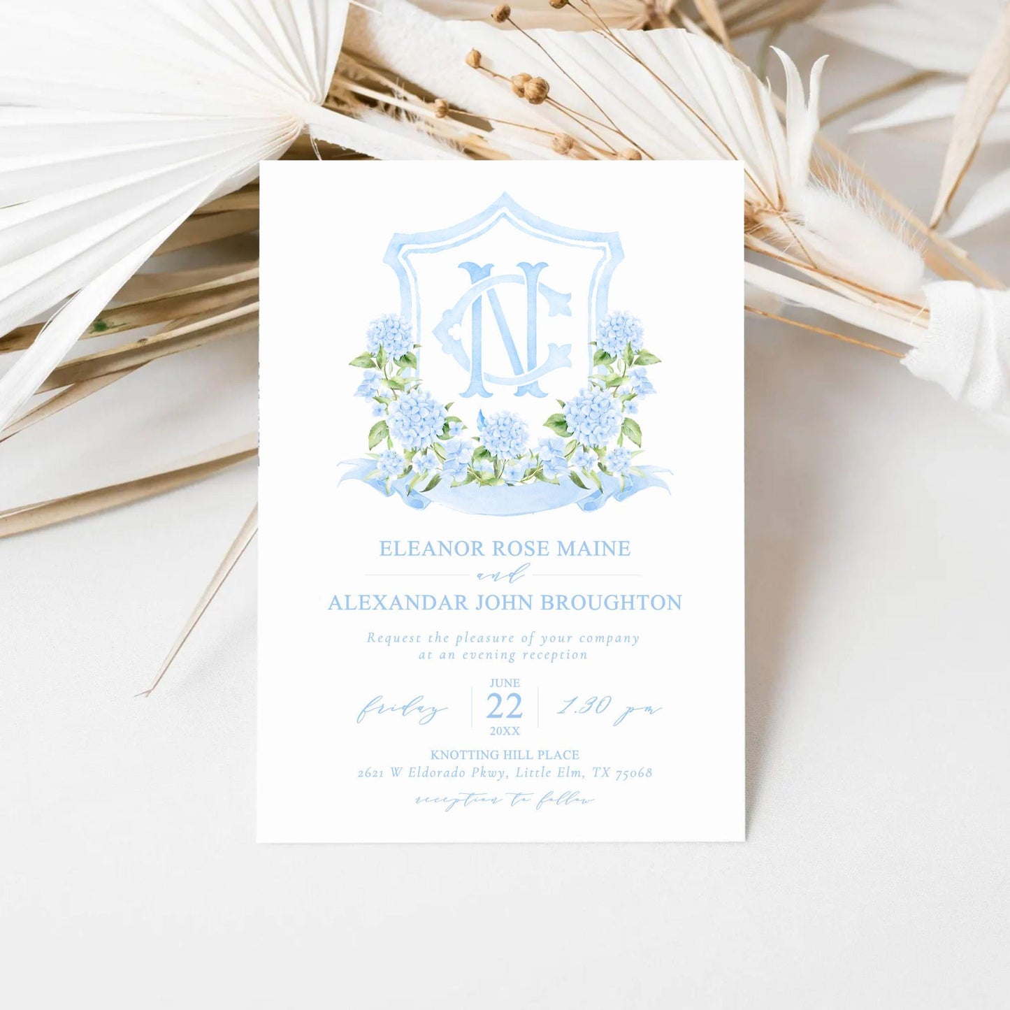 Watercolor Hydrangea Wedding Crest – Light Blue Floral Monogram (Digital Download)