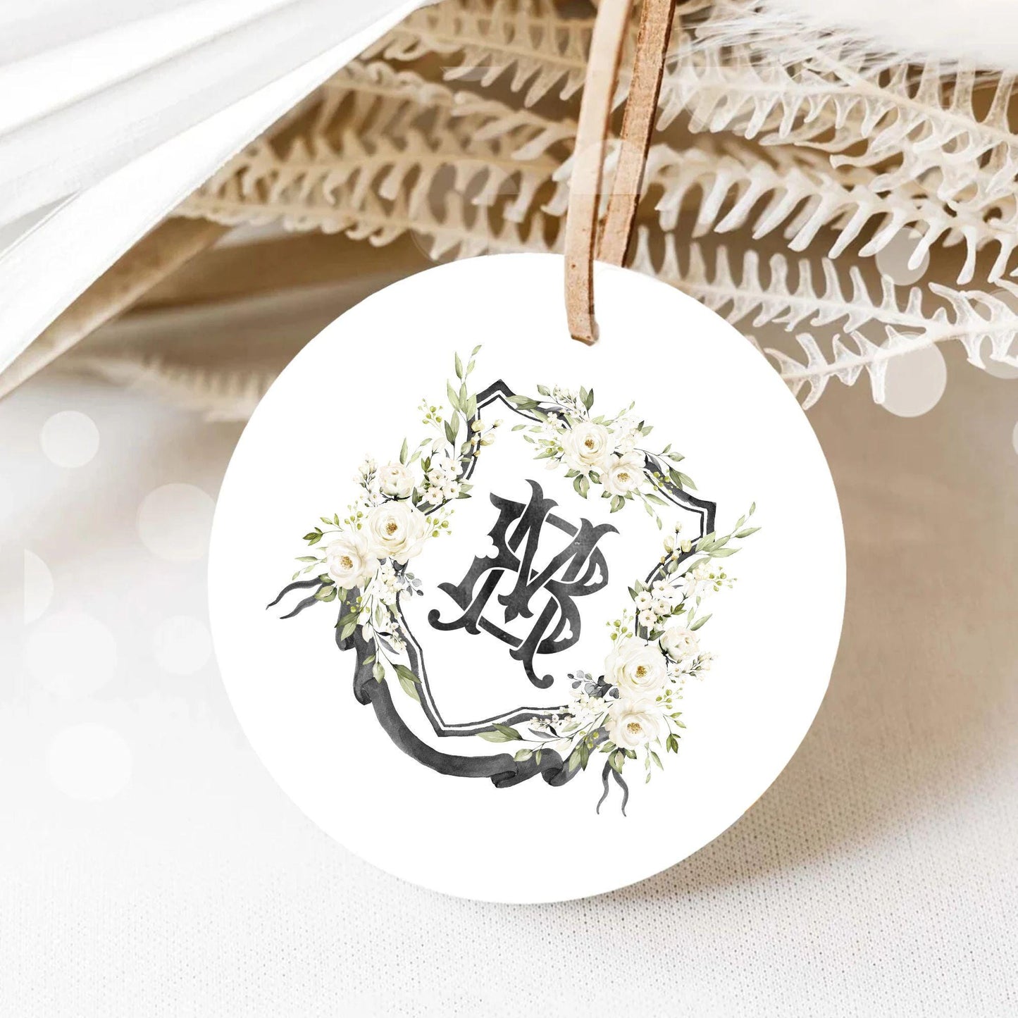 Creamy Rose Ivory Greenery White Flower Wedding Crest - Monogram Crest - White Floral Watercolor Wedding Crest - Romantic Wedding Crest