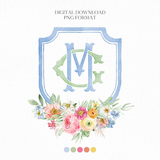Wildflowers Bright Floral Colorful Watercolor Wedding Crest