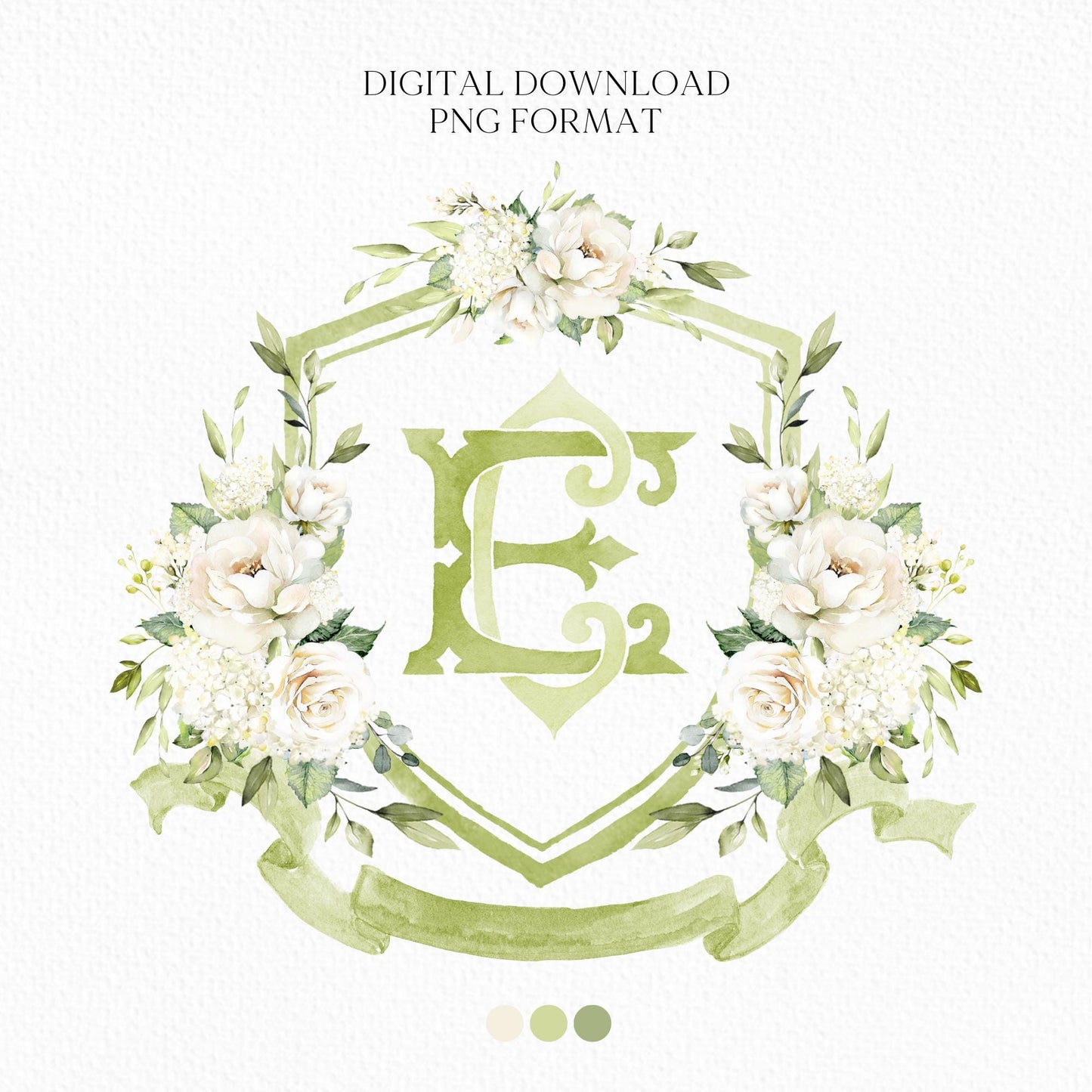 White Rose Greenery White Flower Wedding Crest - Monogram Crest - White Cream Roses flower Watercolor Wedding Crest - Romantic Wedding Crest