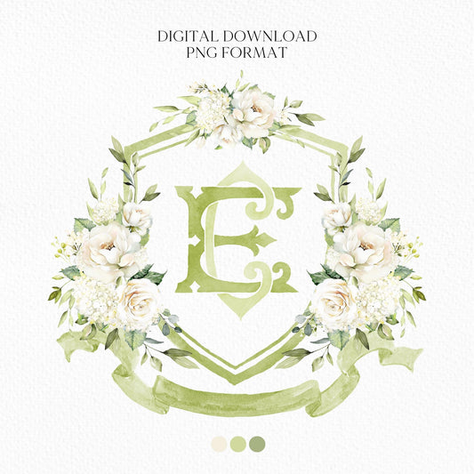White Rose Greenery White Flower Wedding Crest - Monogram Crest - White Cream Roses flower Watercolor Wedding Crest - Romantic Wedding Crest