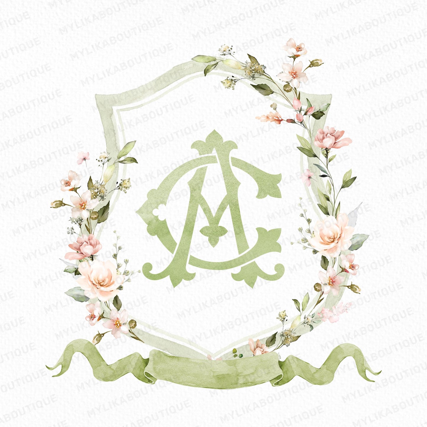 Blush Pink Flower Wedding Crest - Monogram Crest - Floral Luxury Watercolor Wedding Crest - Romantic Wedding Crest - Sage Blush Rose Crest