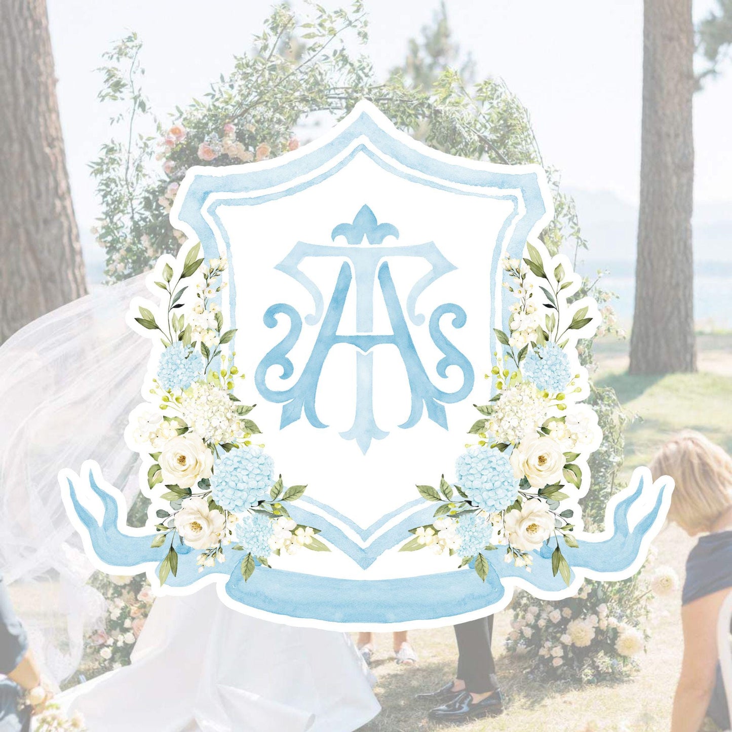 Light Blue Hydrangea Flower Wedding Crest - Monogram Crest - Roses Floral Luxury Watercolor Wedding Crest - Romantic Wedding Crest