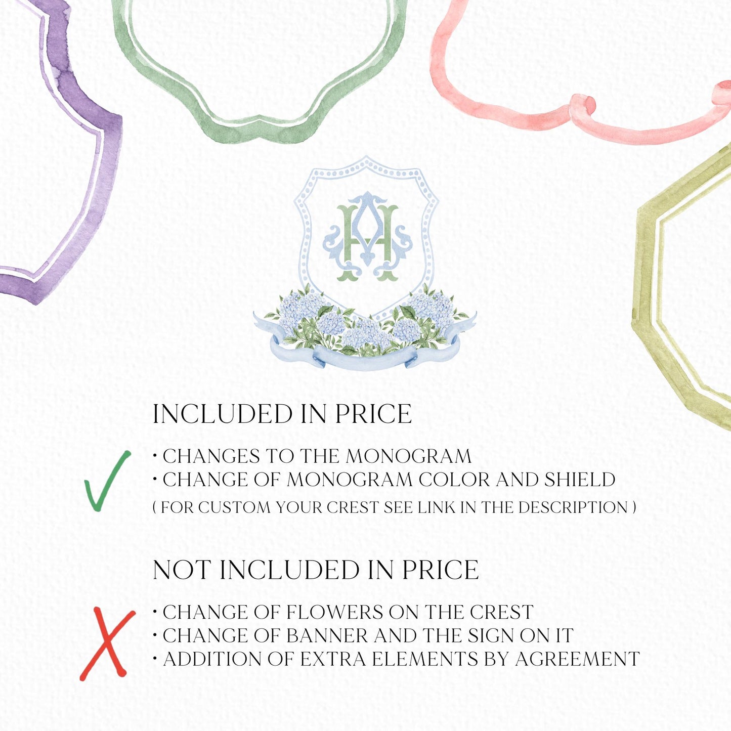 Hydrangea Flower Wedding Crest - Monogram Crest - Hydrangea Floral Luxury Watercolor Wedding Crest - Romantic Wedding Crest - Boho Hydrangea