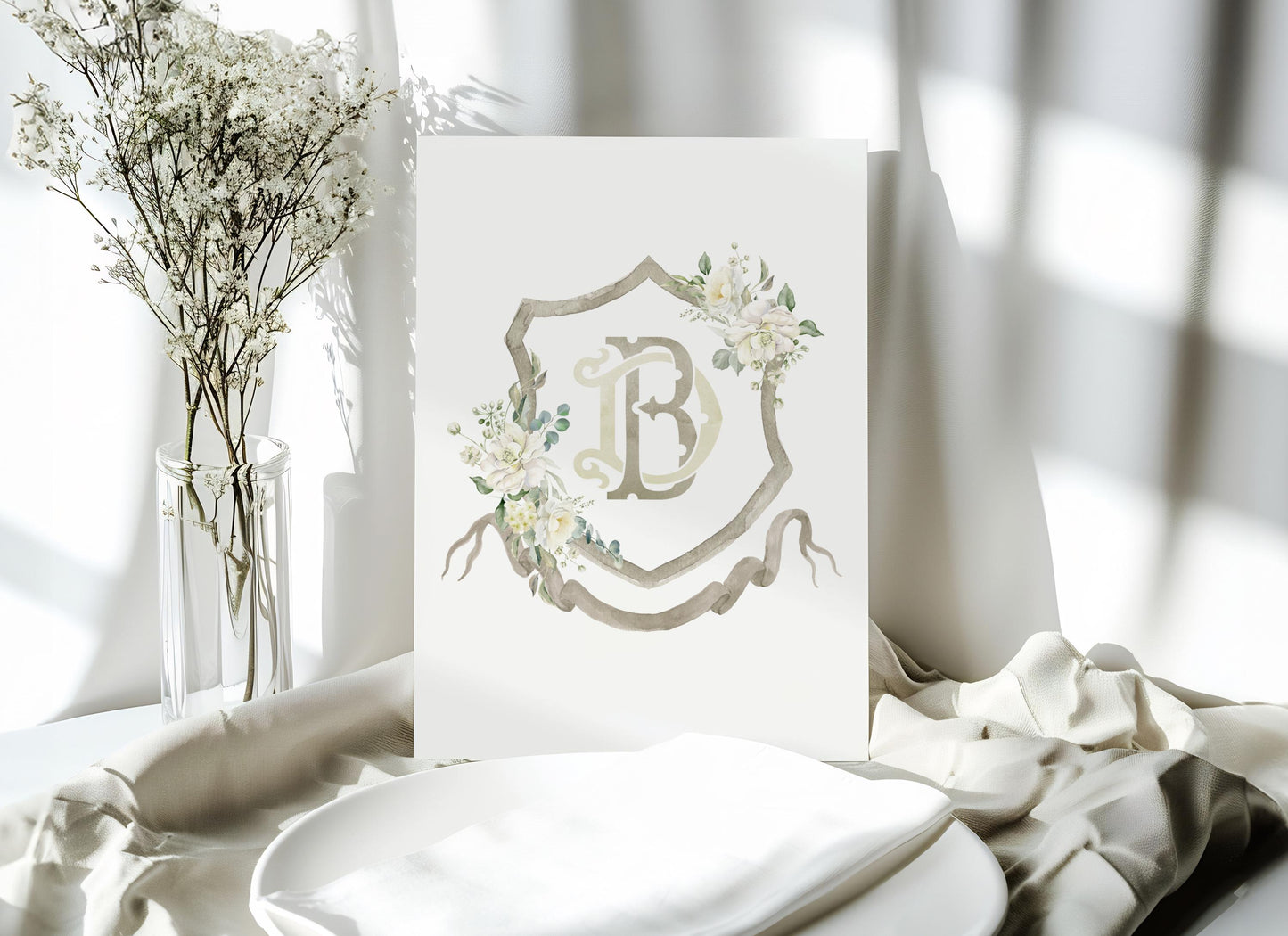 White Roses Flower Wedding Crest - Monogram Crest - White Floral Luxury Watercolor Wedding Crest - Romantic Wedding Crest - Boho Roses