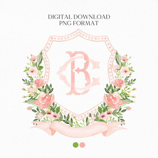 Watercolor Blush Pink Flower Wedding Crest - Monogram Crest - Floral Luxury Watercolor Wedding Crest - Romantic Wedding Crest