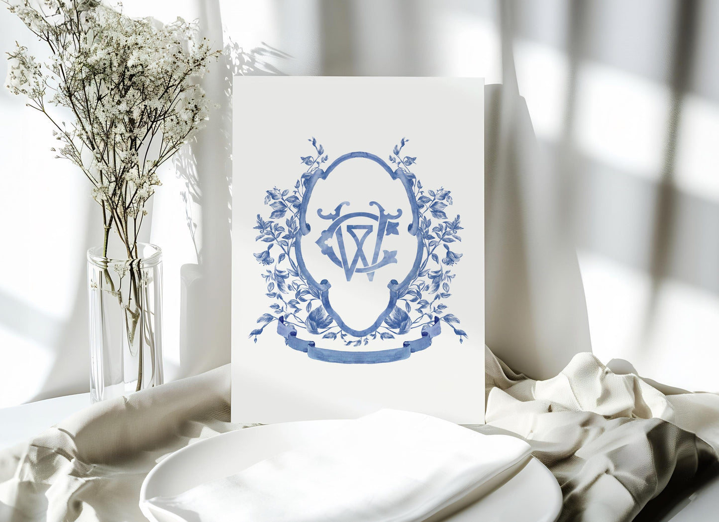 Dusty Blue Flower Wedding Crest - Monogram Crest - Vinatge Dusty Blue Floral Luxury Watercolor Wedding Crest - Romantic Wedding Crest
