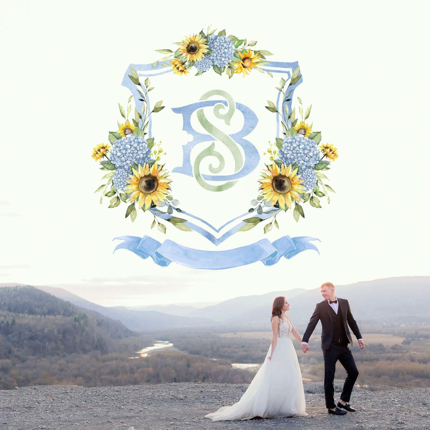 Sunflowers Dusty Blue Hydrangea Flower Wedding Crest - Monogram Crest - Hydrangea Floral Luxury Watercolor Wedding Crest - Wedding Crest