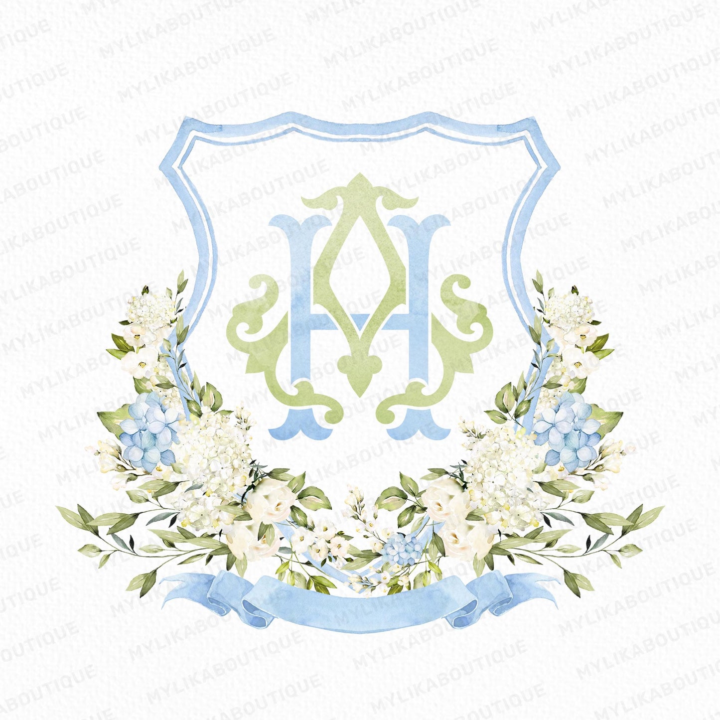 Hydrangea Flower Wedding Crest - Monogram Crest - Hydrangea Floral Luxury Watercolor Wedding Crest - Romantic Wedding Crest- Boho Hydrangea