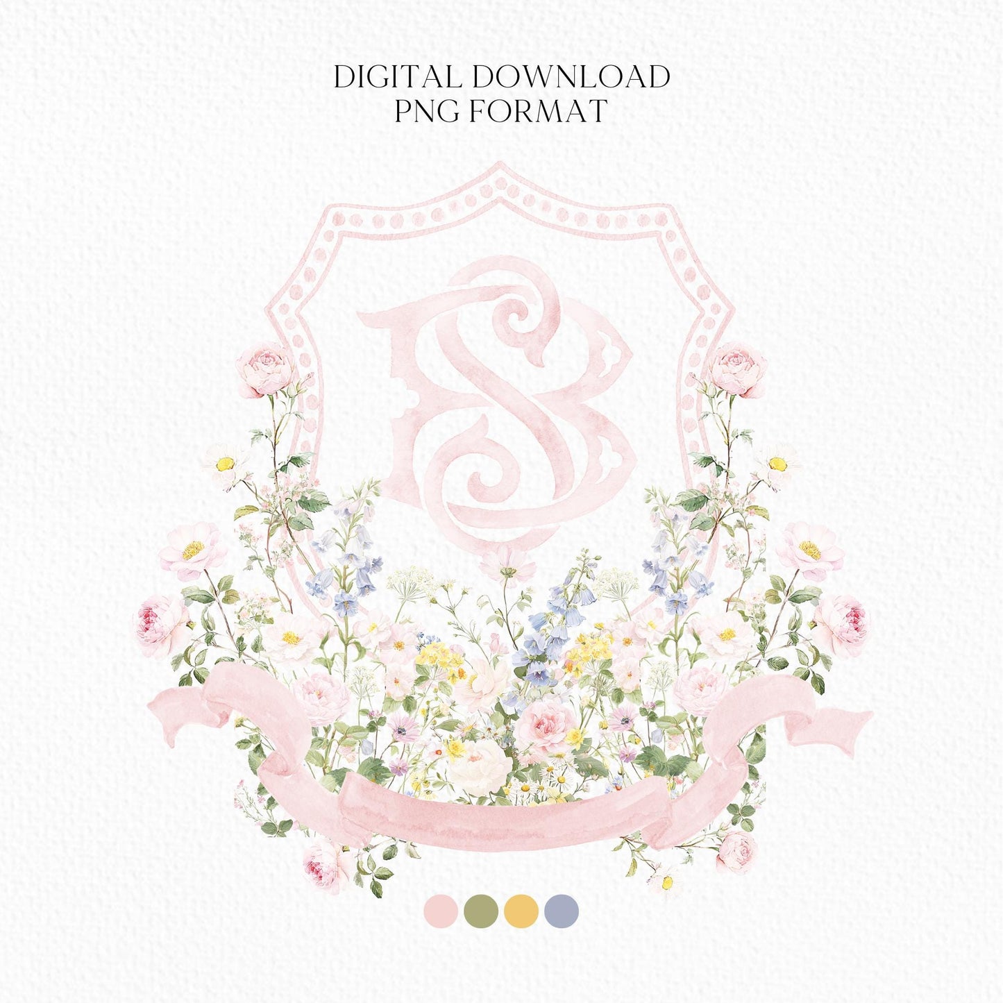 Pastel Wildflowers Light Pink Watercolor Wedding Crest - Monogram Crest - Floral Watercolor Wedding Crest - Romantic Wedding Crest