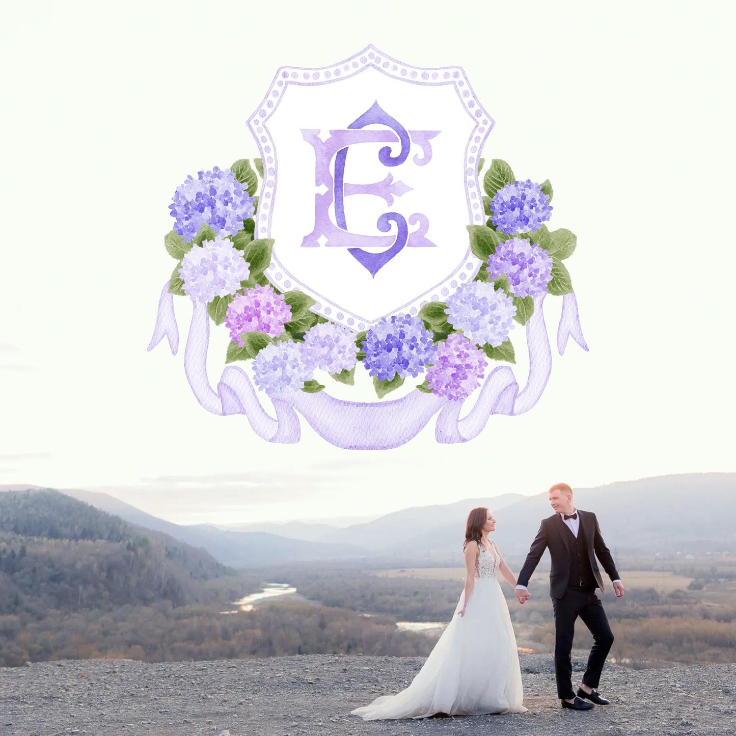 Watercolor Purple Hydrangea Flower Wedding Crest - Monogram Crest - Hydrangea Floral Watercolor Wedding Crest - Romantic Wedding Crest