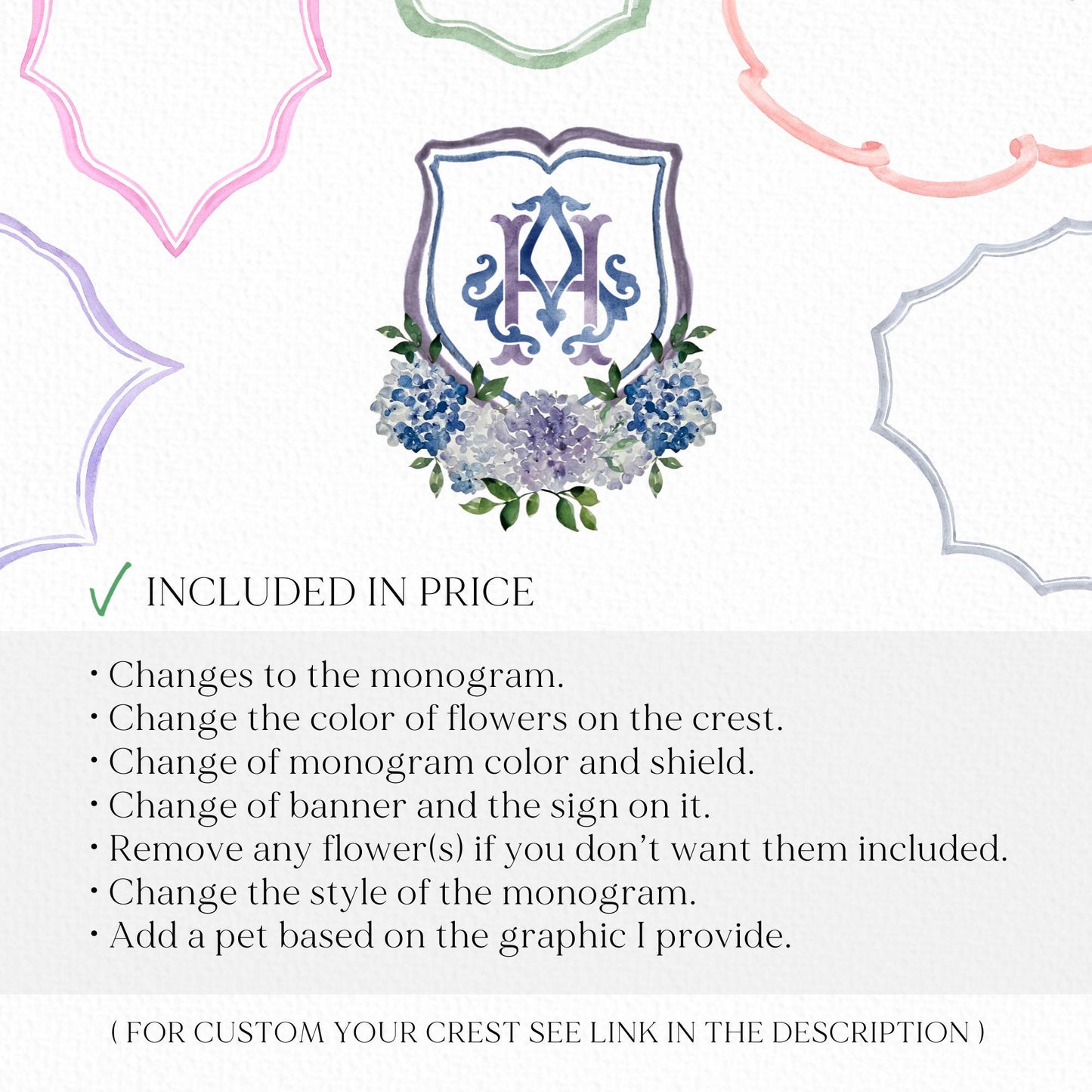 Navy Blue Hydrangea Flower Wedding Crest - Monogram Crest - Purple Hydrangea White Floral Watercolor Wedding Crest Romantic Wedding Crest