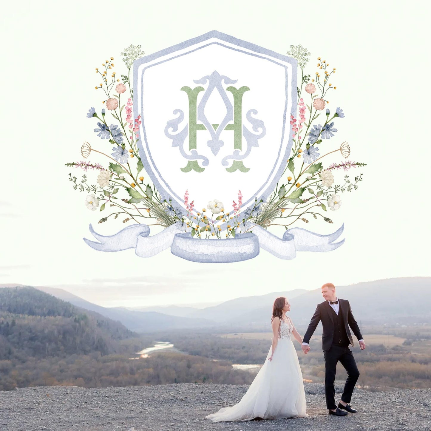 Blue WildFlower Wedding Crest - Monogram Crest - WildFlower Floral Luxury Watercolor Wedding Crest - Romantic Wedding Crest, Boho WildFlower