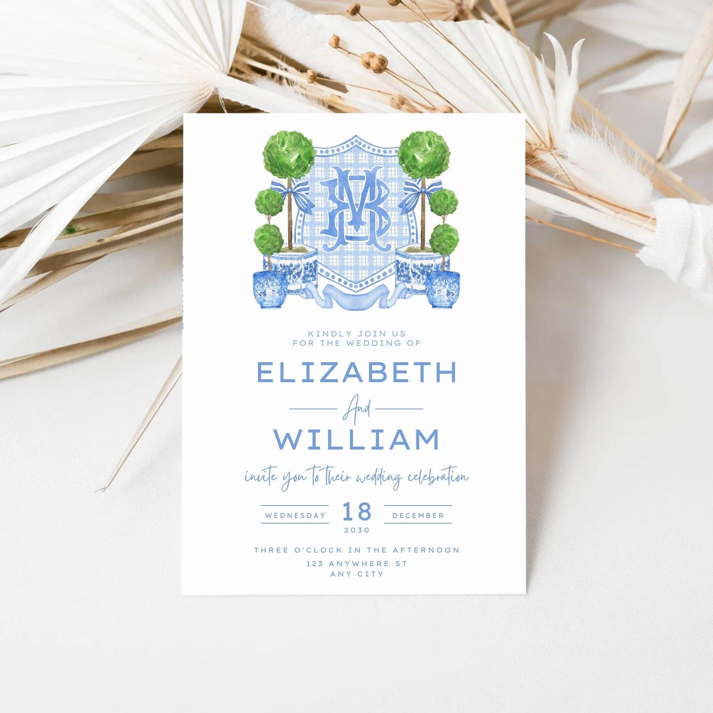 Chinoiserie Blue Topiary Wedding Crest - Monogram Crest - Chinoiserie Blue Watercolor Wedding Crest Romantic Wedding Crest