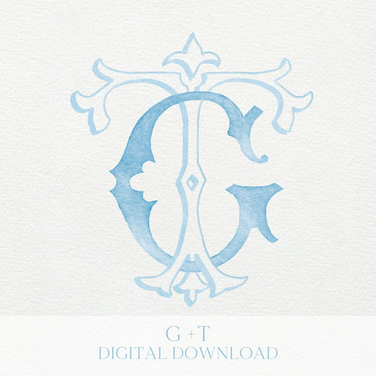 Watercolor Wedding Monogram TG/GT - Classic Initial Crest (Digital Download)