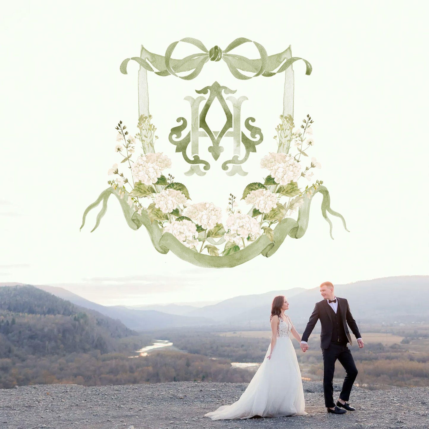 White Hydrangea Flower Greenery Wedding Crest - Monogram Crest - Hydrangea Floral Luxury Watercolor Wedding Crest - Romantic Wedding Crest