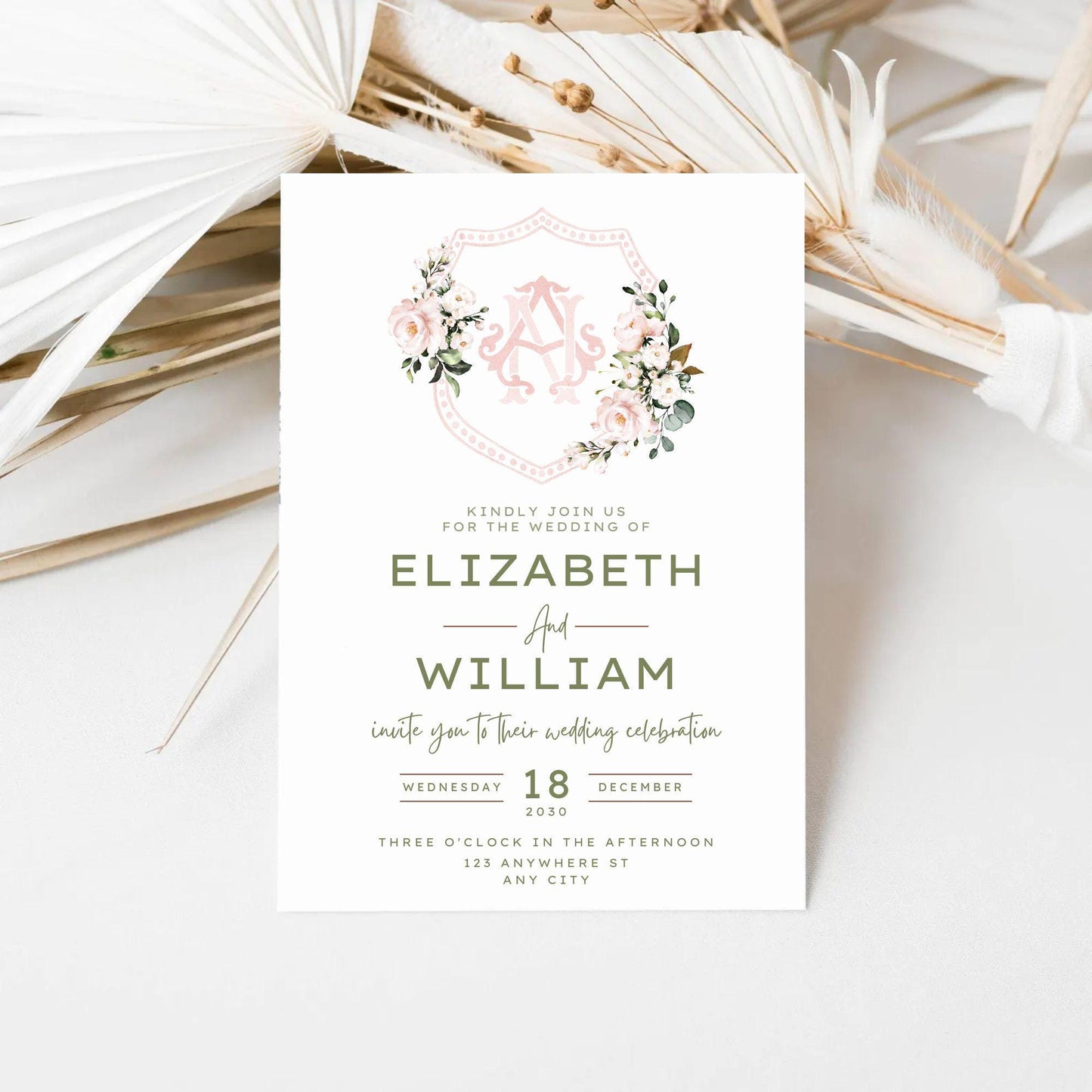 Roses Blush Pink Floral Rustic Flower Wedding Crest - Monogram Crest - Roses Pink Floral Watercolor Wedding Crest - Romantic Wedding Crest