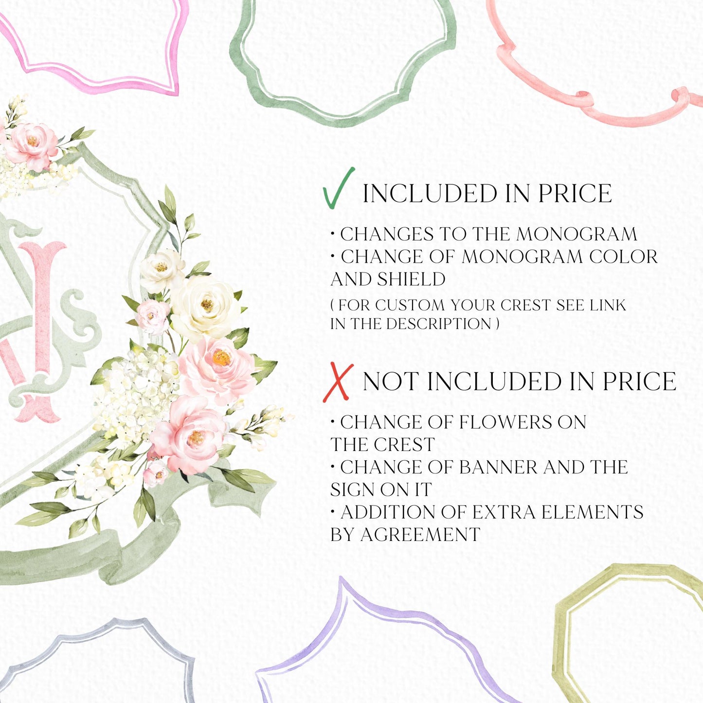 White Roses Hydrangea Flower Wedding Crest - Monogram Crest - Light Roses Floral Luxury Watercolor Wedding Crest - Romantic Wedding Crest