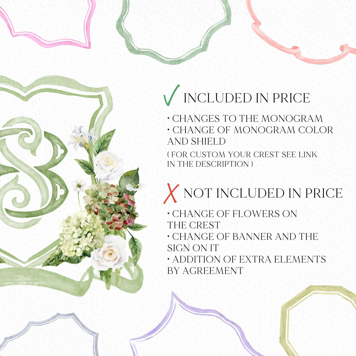 Green Hydrangea Flower Wedding Crest - Monogram Crest - Lush bright Greenery Floral Watercolor Wedding Crest - Australian Wedding Crest