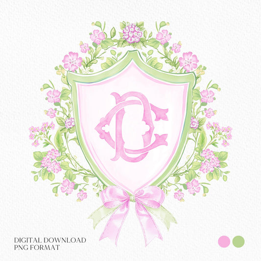 Watercolor Pink Flower Wedding Crest - Monogram Crest - Botanical Floral Watercolor Wedding Crest - Vintage Green Floral Wedding Crest