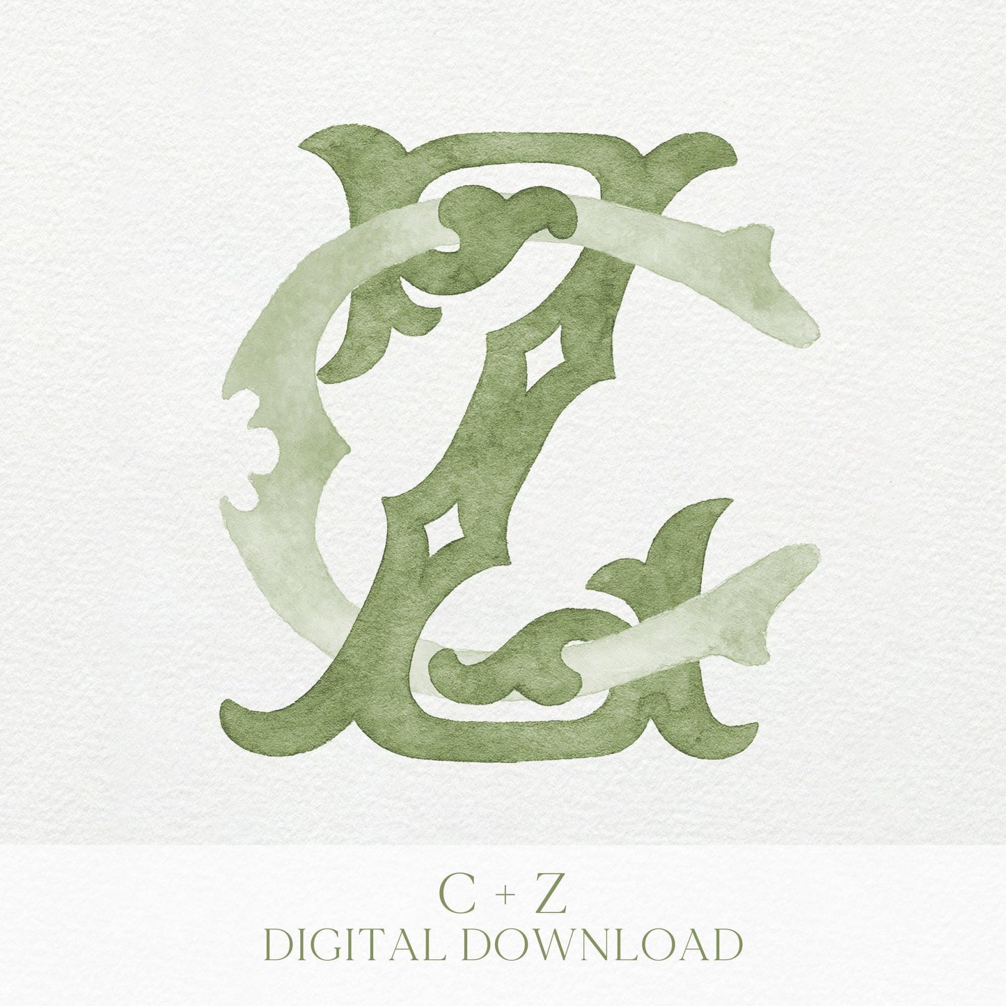 Watercolor Wedding Monogram ZC - Classic Initial Crest (Digital Download)