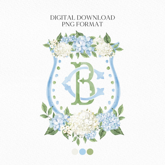 Hydrangea Flower Wedding Crest - Monogram Crest - Hydrangea Floral Luxury Watercolor Wedding Crest - Romantic Wedding Crest- Boho Hydrangea