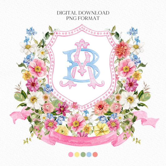 Wildflowers Bright Floral Colorful Watercolor Wedding Crest - Monogram Crest - Floral Watercolor Wedding Crest - Romantic Wedding Crest
