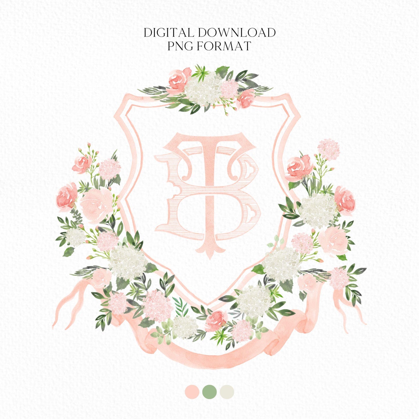 White Hydrangea Blush Peony Flower Wedding Crest - Monogram Crest - Floral Luxury Watercolor Wedding Crest - Romantic Wedding Crest