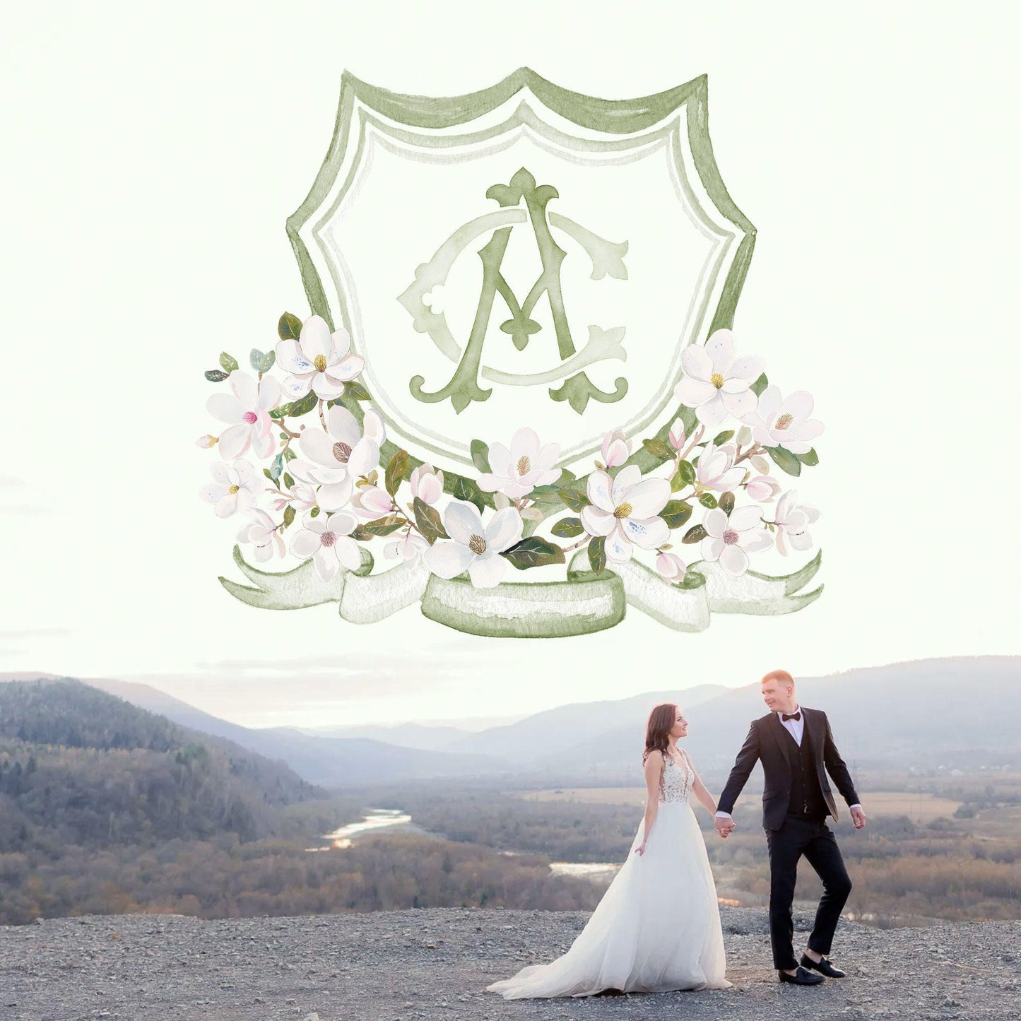 Magnolia Greenery Flower Watercolor Wedding Crest - Monogram Crest - Magnolia Floral Watercolor Wedding Crest - Romantic Wedding Crest