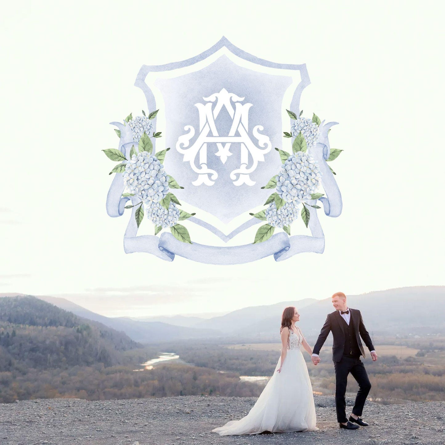 Dusty Blue Hydrangea Flower Wedding Crest - Monogram Crest - Hydrangea Floral Watercolor Wedding Crest - Romantic Wedding Crest - Hydrangea