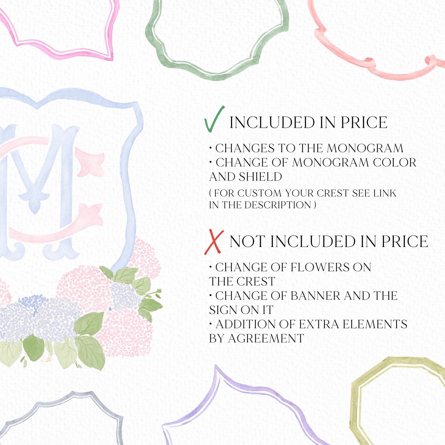 Pink Light Blue Hydrangea Flower Wedding Crest - Monogram Crest - Blue Hydrangea Floral Watercolor Wedding Crest - Romantic Wedding Crest