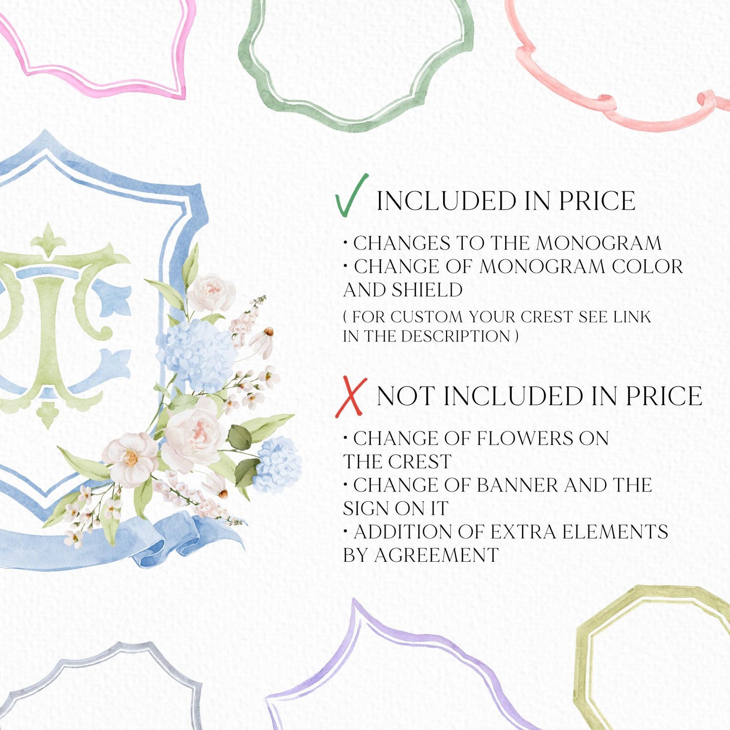 Light Blue Hydrangea Flower Wedding Crest - Monogram Crest - Hydrangea Floral Luxury Watercolor Wedding Crest - Romantic Wedding Crest