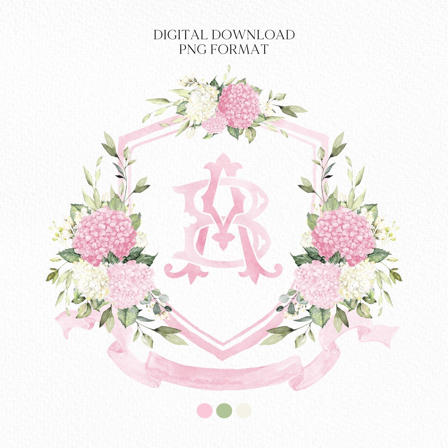 Pink Hydrangea Flower Wedding Crest - Monogram Crest - Hydrangea Floral Luxury Watercolor Wedding Crest - Romantic Wedding Crest