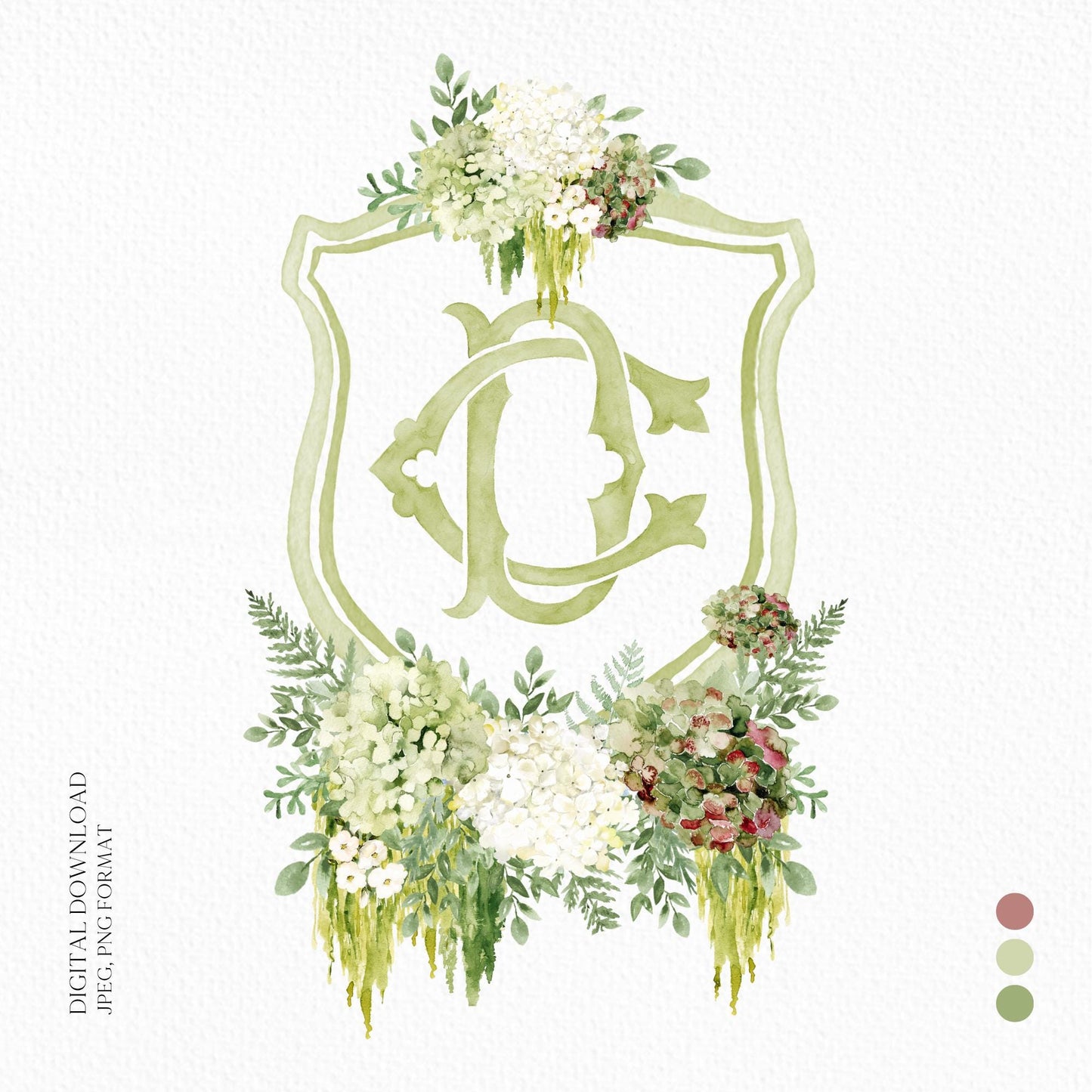 Hydrangea Macrophylla Green Flower Wedding Crest, Monogram Crest, Lush bright Greenery Floral Watercolor Wedding Crest, Hydrangea Crest