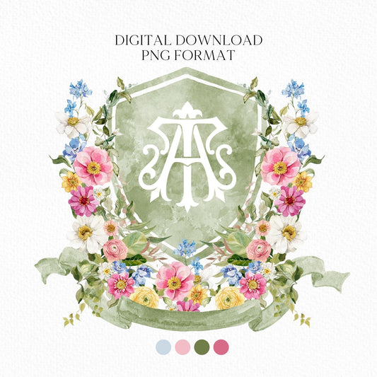 Wildflowers Bright Floral Colorful Watercolor Wedding Crest - Monogram Crest - Floral Watercolor Wedding Crest - Romantic Wedding Crest
