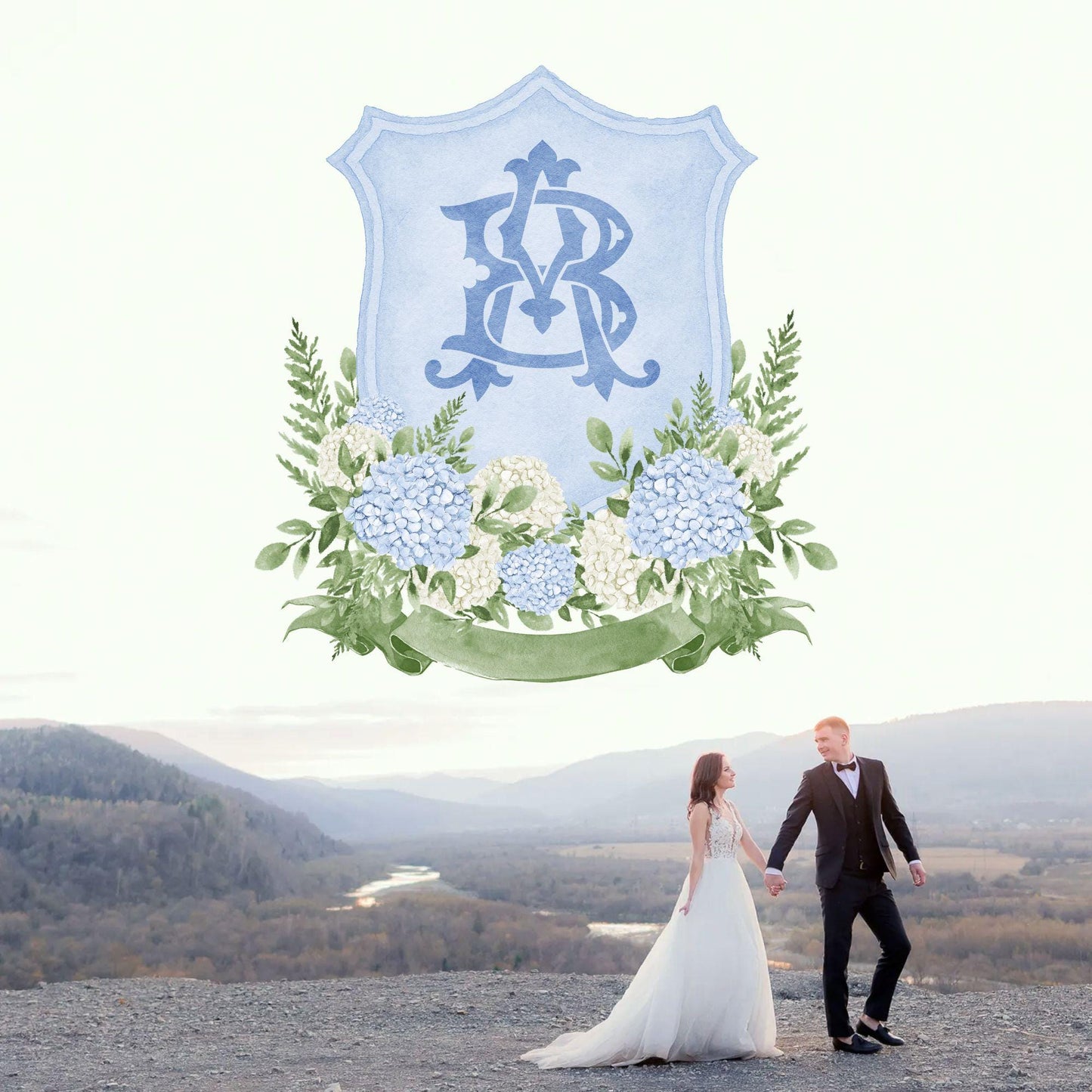 Hydrangea Flower Wedding Crest - Monogram Crest - Hydrangea Floral Luxury Watercolor Wedding Crest - Romantic Wedding Crest- Boho Hydrangea