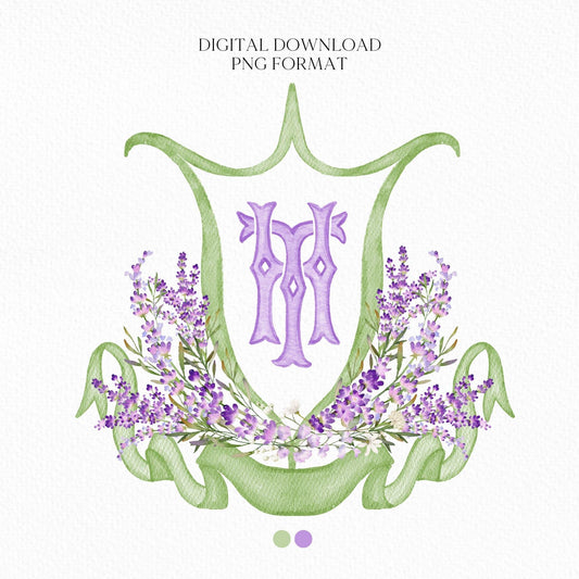 Lilac Lavender Purple Flower Wedding Crest - Monogram Crest - Lavender purple Floral Luxury Watercolor Wedding Crest, Romantic Wedding Crest