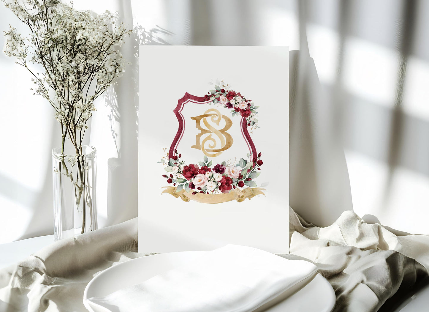 Burgundy Rose Flower Wedding Crest - Monogram Crest - Burgundy Floral Watercolor Wedding Crest - Romantic Wedding Crest- Boho Burgundy