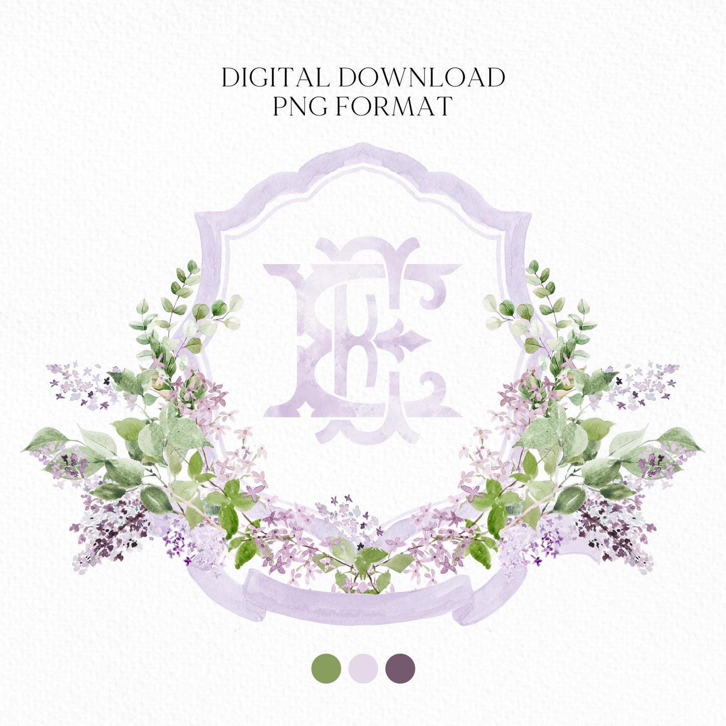 Lilac Lavender Purple Flower Wedding Crest - Monogram Crest - lavender purple Floral Luxury Watercolor Wedding Crest, Romantic Wedding Crest