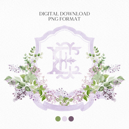 Lilac Lavender Purple Flower Wedding Crest - Monogram Crest - lavender purple Floral Luxury Watercolor Wedding Crest, Romantic Wedding Crest