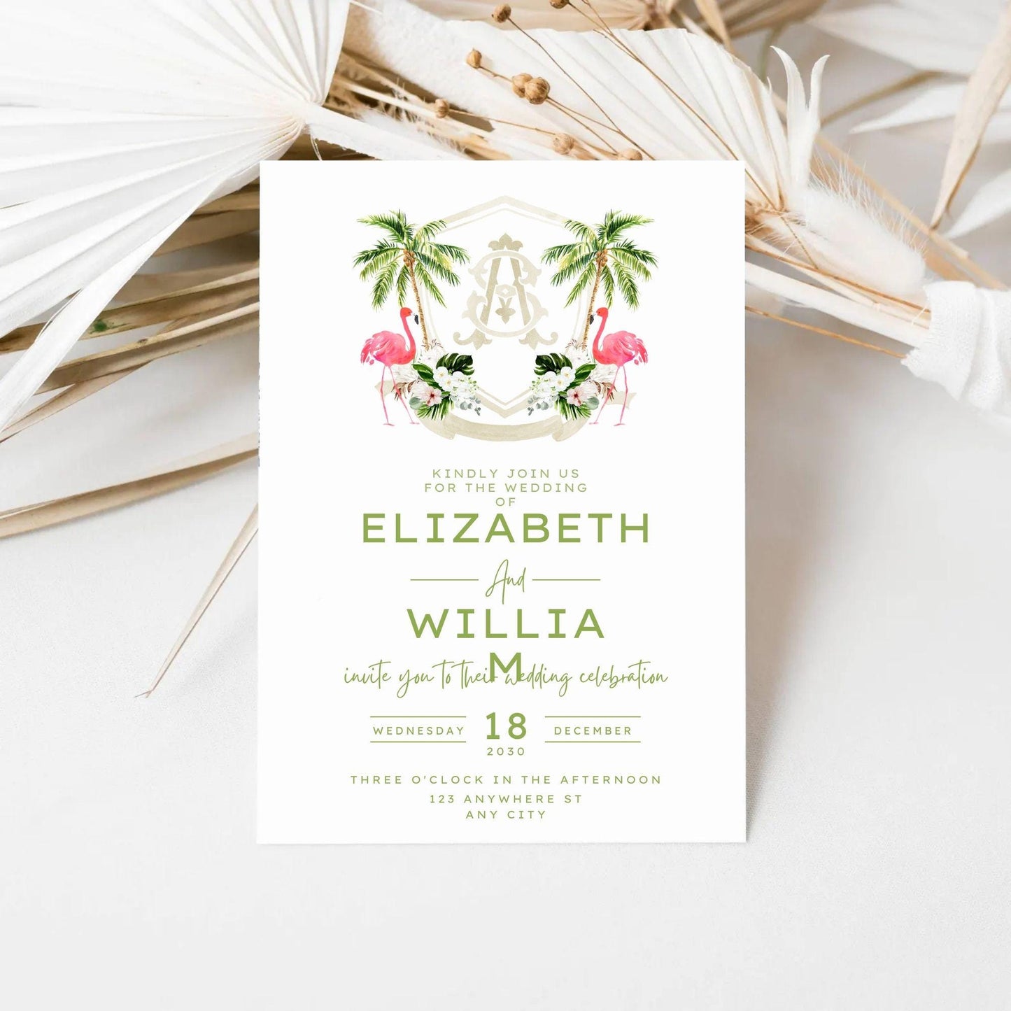 White Green Orchid Palm Tropical Flower Wedding Crest - Monogram Crest - Orchid Floral Watercolor Wedding Crest - Romantic Wedding Crest