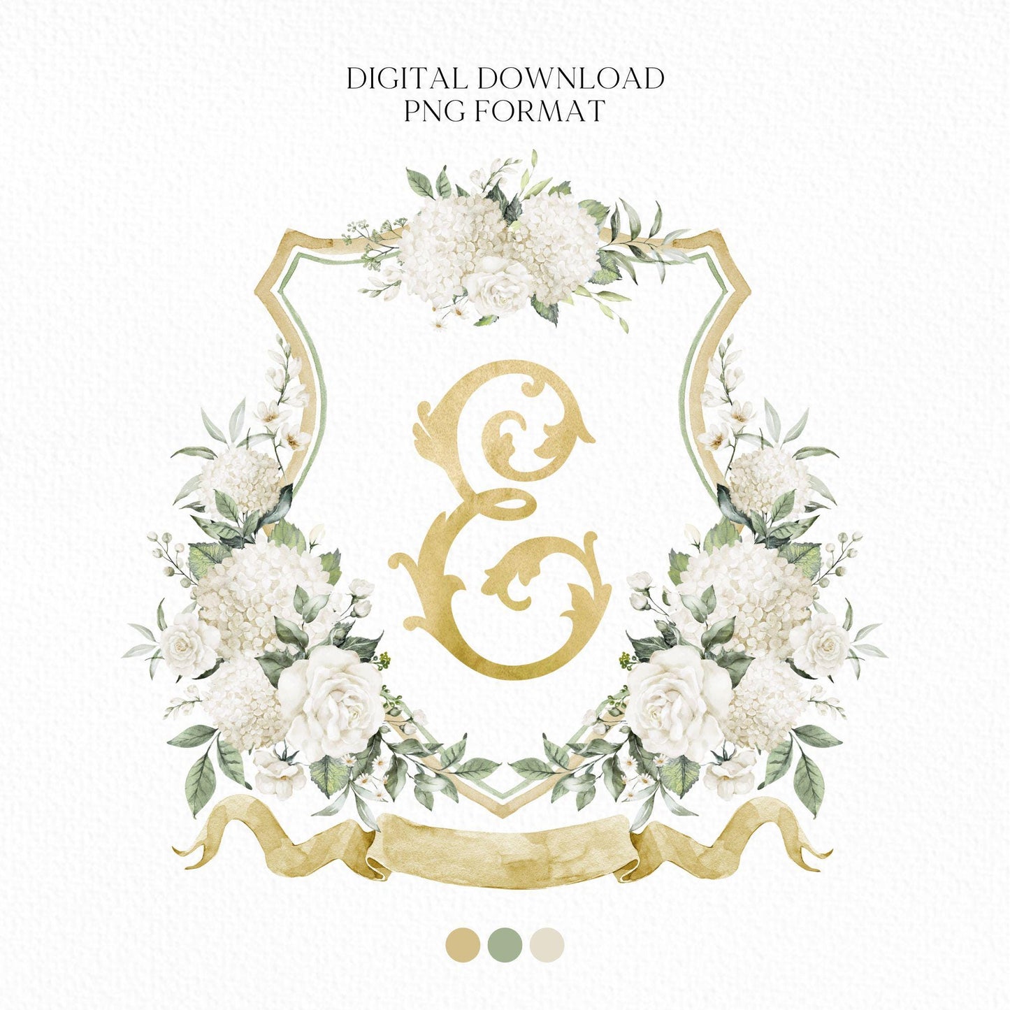 White Gold Hydrangea Flower Wedding Crest - Monogram Crest - Hydrangea Floral Luxury Watercolor Wedding Crest - Romantic Wedding Crest