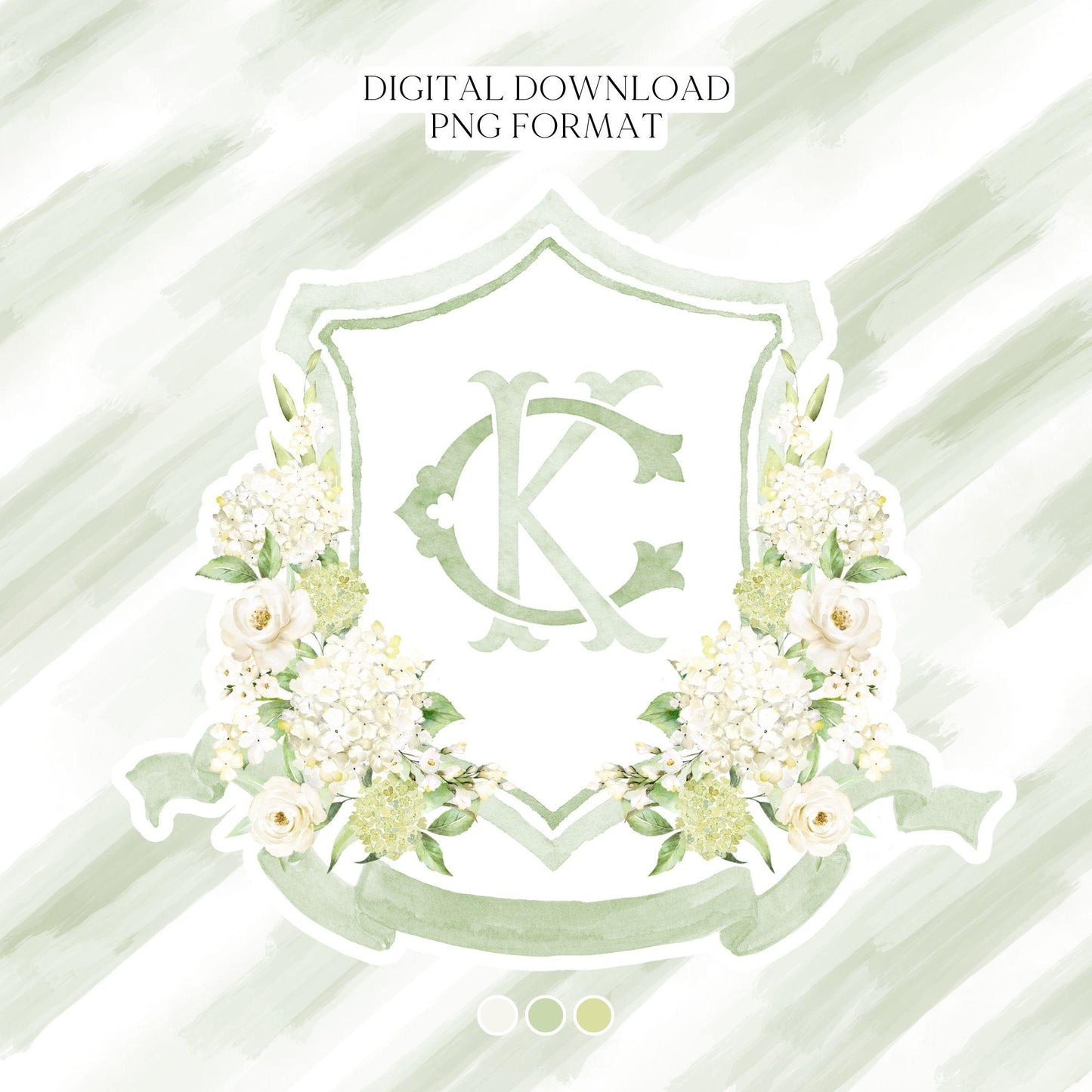 Green White Blue Hydrangea Flower Wedding Crest - Monogram Crest - Hydrangea Floral Luxury Watercolor Wedding Crest - Romantic Wedding Crest