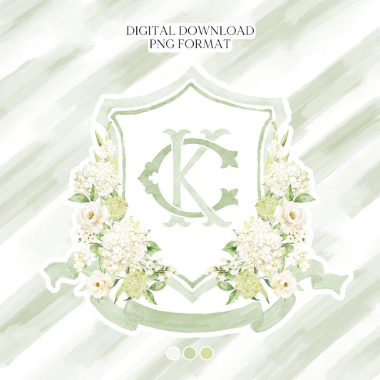 Green White Blue Hydrangea Flower Wedding Crest - Monogram Crest - Hydrangea Floral Luxury Watercolor Wedding Crest - Romantic Wedding Crest